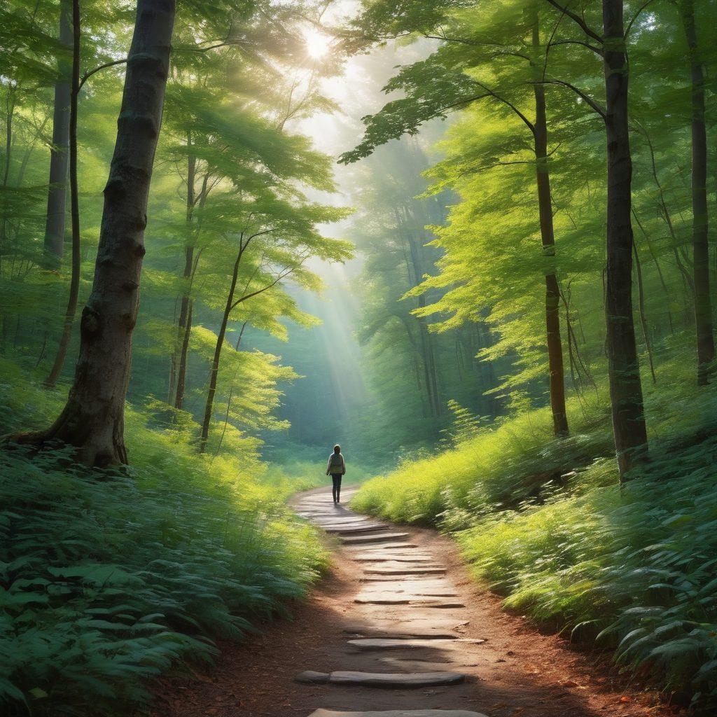 A serene landscape depicting a winding path through a tranquil forest, with light filtering through the trees, symbolizing a journey. Along the path, scattered motivational quotes float like leaves in the wind, while a silhouette of a person meditating in a peaceful clearing captures the essence of mindfulness. The colors should evoke calmness and positivity, primarily greens and soft pastels. super-realistic. vibrant colors. peaceful atmosphere.