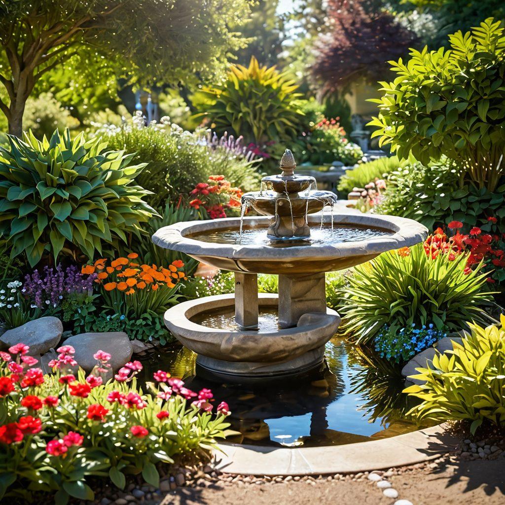 A serene landscape featuring a tranquil garden with colorful blooming flowers, a peaceful meditation area with a person practicing mindfulness, and a bright sun shining down, symbolizing positivity and transformation. Gentle flowing water from a small fountain adds to the calming atmosphere, inviting viewers to embrace contentment. soft focus. vibrant colors. super-realistic.