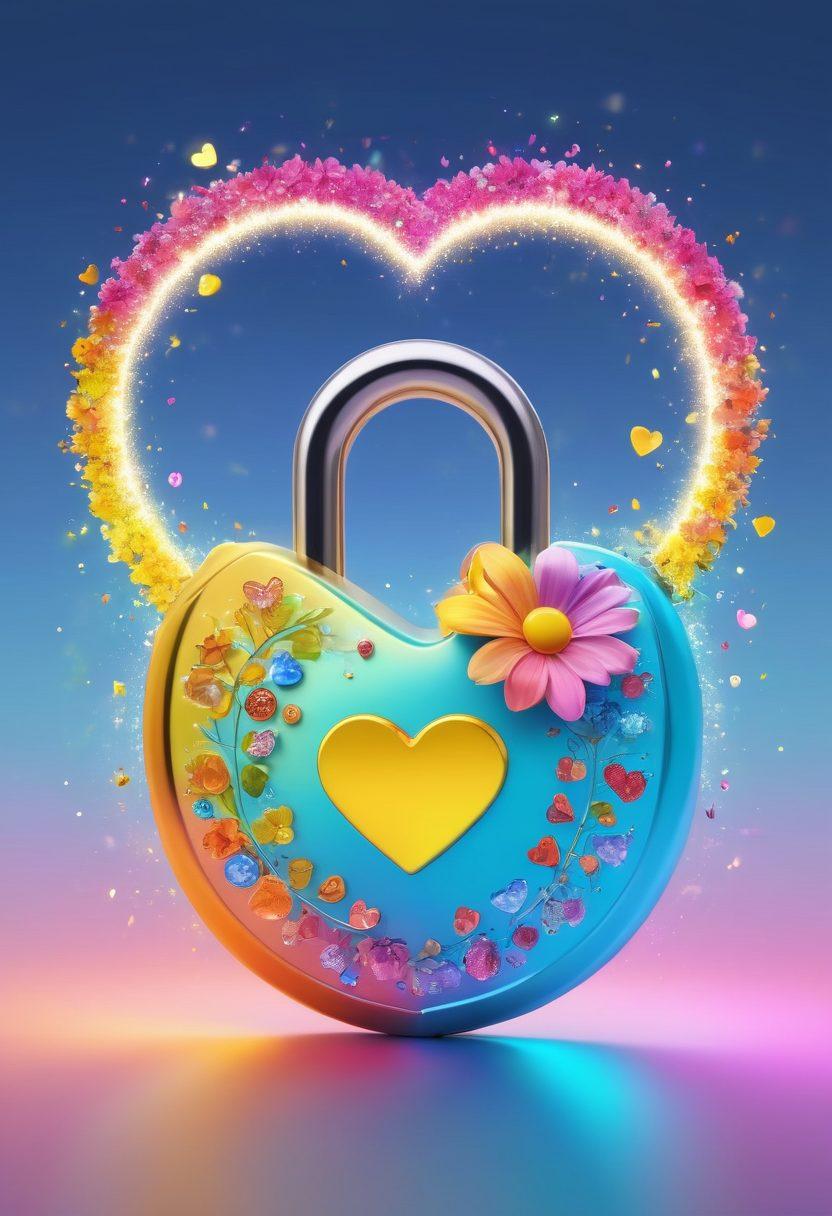 An open padlock surrounded by colorful, glowing light bursts symbolizing joy and happiness, with floating icons like hearts, smiley faces, and flowers. The background should be a soft gradient of uplifting colors like yellow and sky blue. Include a serene setting with a distant horizon to evoke a sense of fulfillment and peace. super-realistic. vibrant colors. 3D.